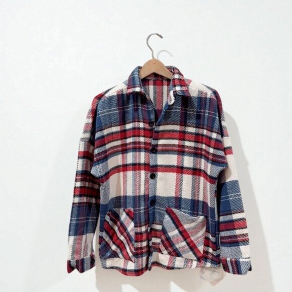 NWT J.ING Jing Vintage Style Red White Blue Plaid Oversized Flannel Shacket - Picture 2 of 8